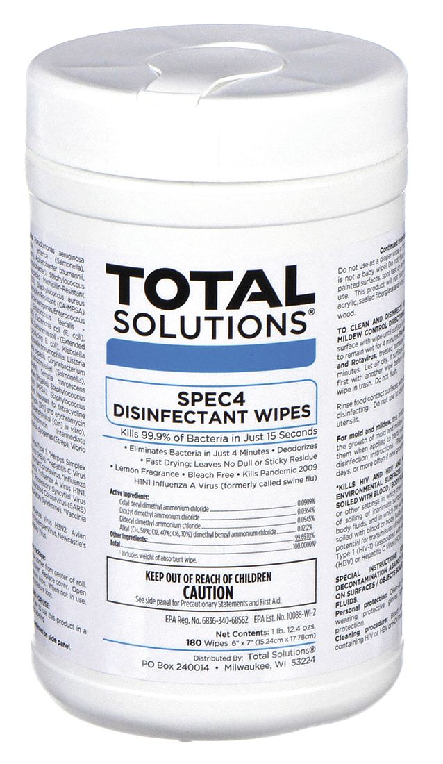 Disinfecting Wipes: Canister, Ready to Use, Wipes, Quat, 7 in x 6 in Sheet Size