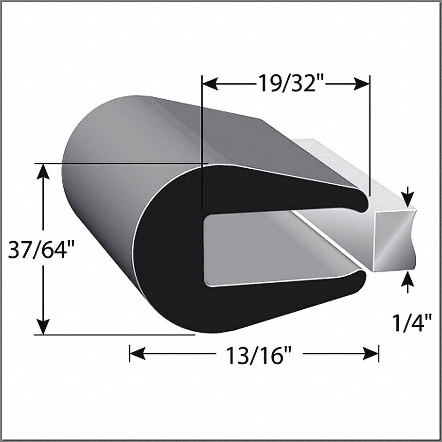 TRIM SEAL, ROUNDED EDGE, 1/4 IN GAP, BLACK, 0.813 IN LEG, 100 FT L/0.578 IN W, RUBBER