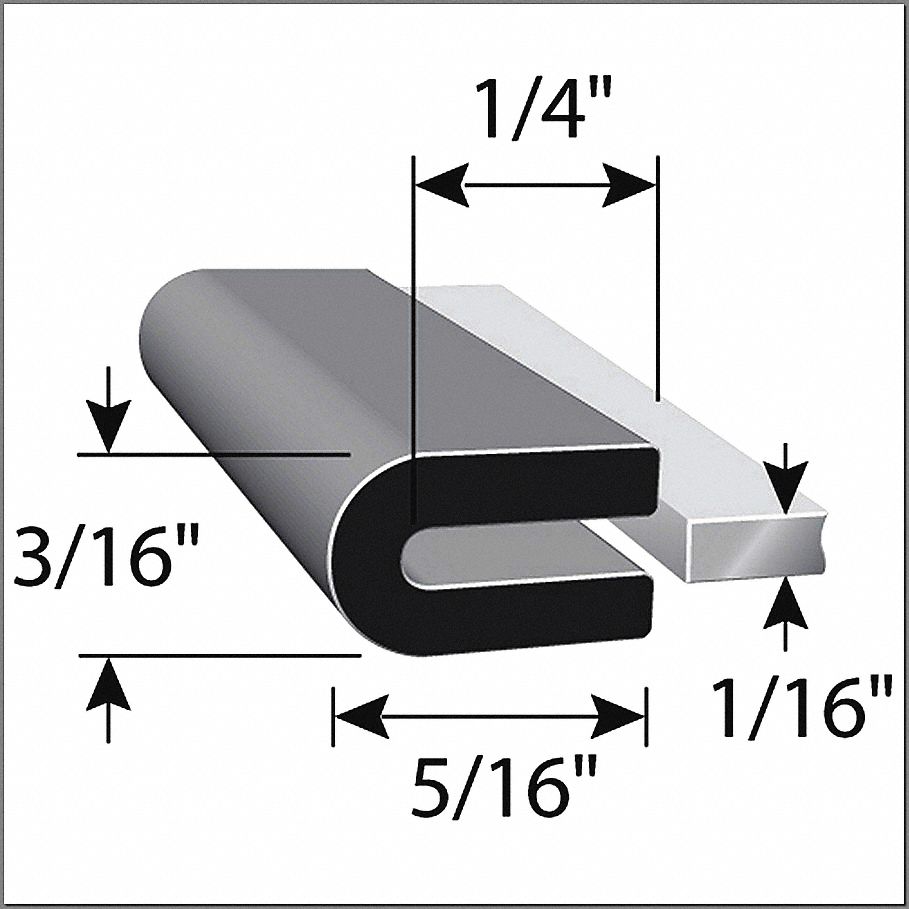 TRIM SEAL, ROUNDED EDGE, 1/16 IN GAP, BLACK, 0.3125 IN LEG, 10 FT L/0.1875 IN W, RUBBER