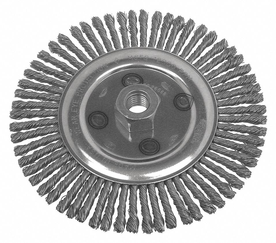 WHEEL BRUSH, WIRE, KNOTTED, STRINGER BEAD, ARBOR MOUNT, 7 IN BRUSH DIA/0.02 IN WIRE DIA