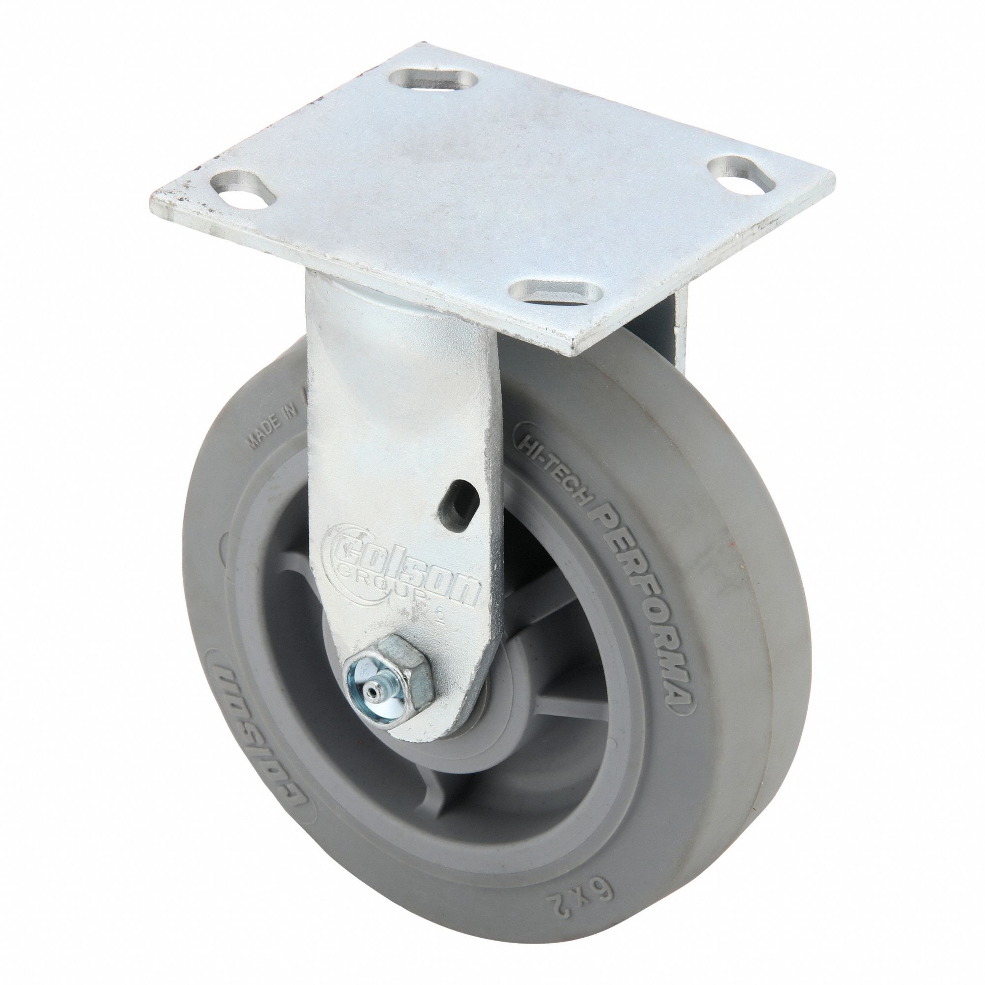 Plate Caster: Rigid, No Brake, Rubber, 6 in Wheel Dia, 2 in Wheel Wd, 7 1/4 in Mounting Ht