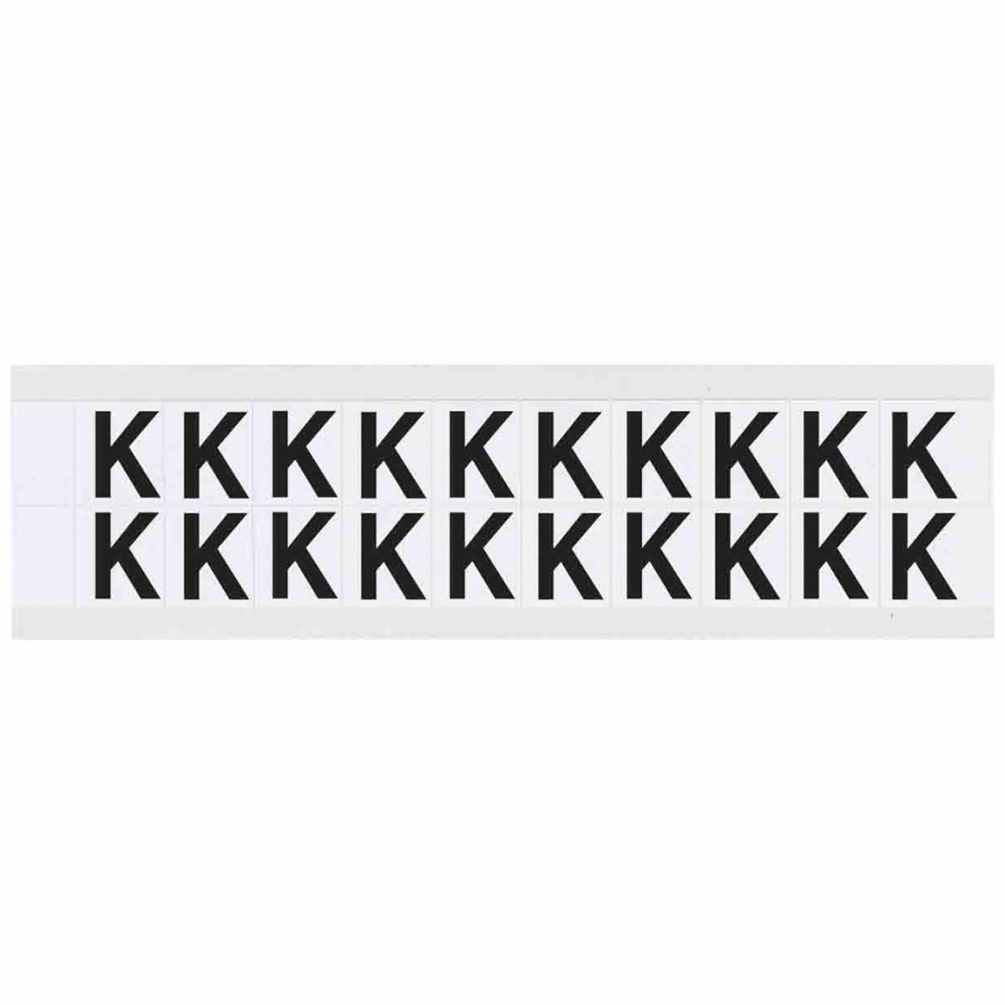Letter Label: 5/8 in Character Ht, Indoor/Outdoor, Non-Reflective, Helvetica, Black, K, Die Cut