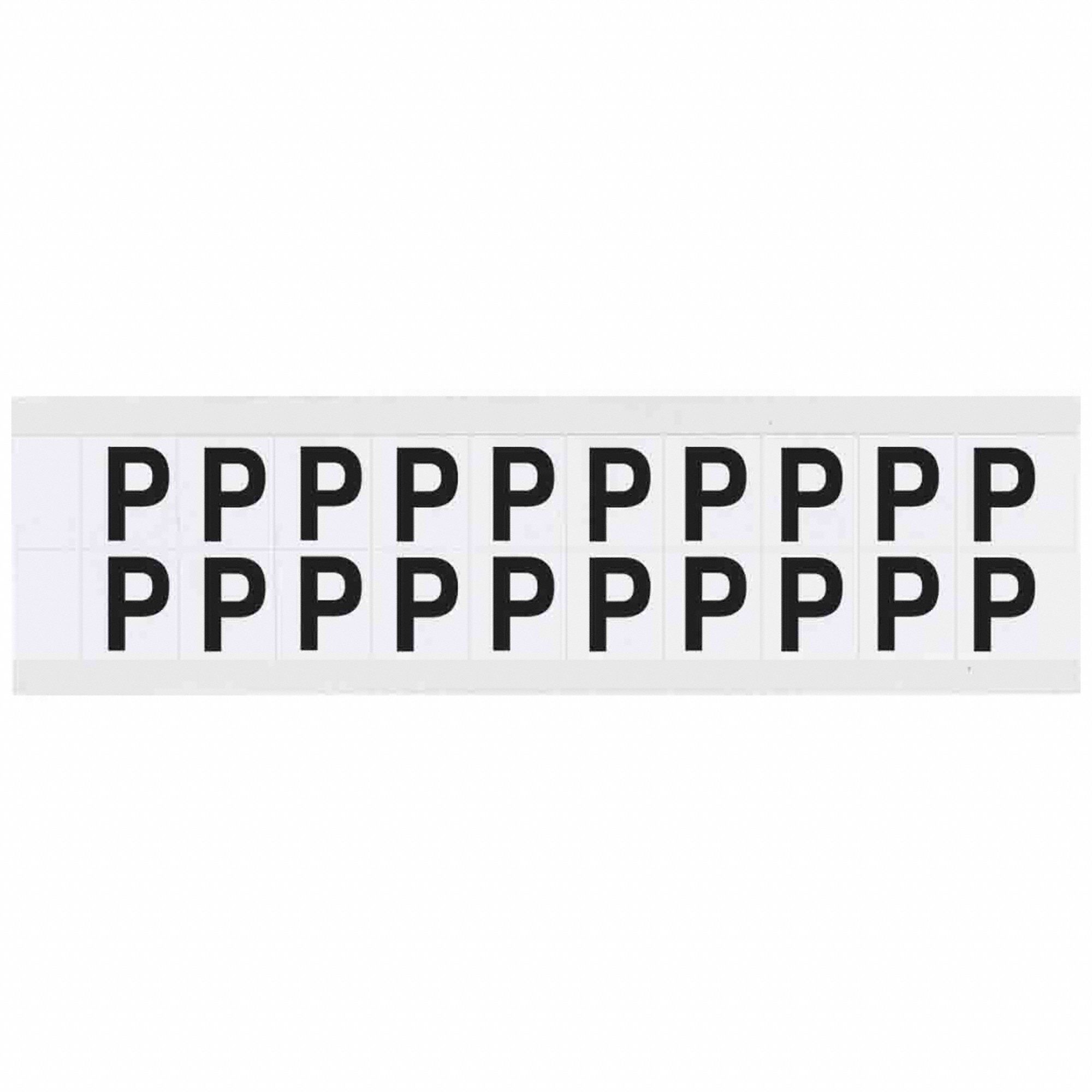 Letter Label: 5/8 in Character Ht, Indoor/Outdoor, Non-Reflective, Helvetica, Black, P, Die Cut