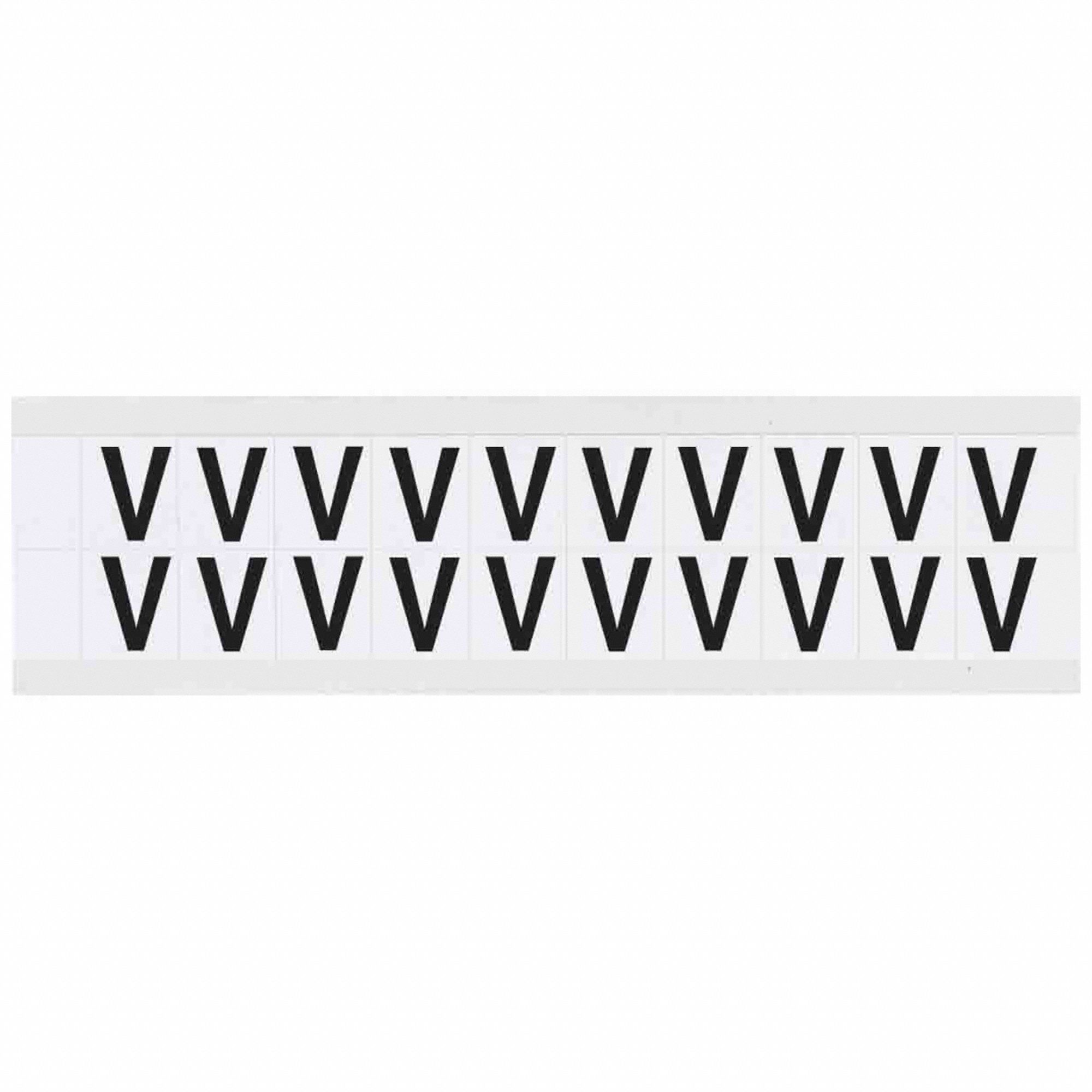 Letter Label: 5/8 in Character Ht, Indoor/Outdoor, Non-Reflective, Helvetica, Black, V, Die Cut