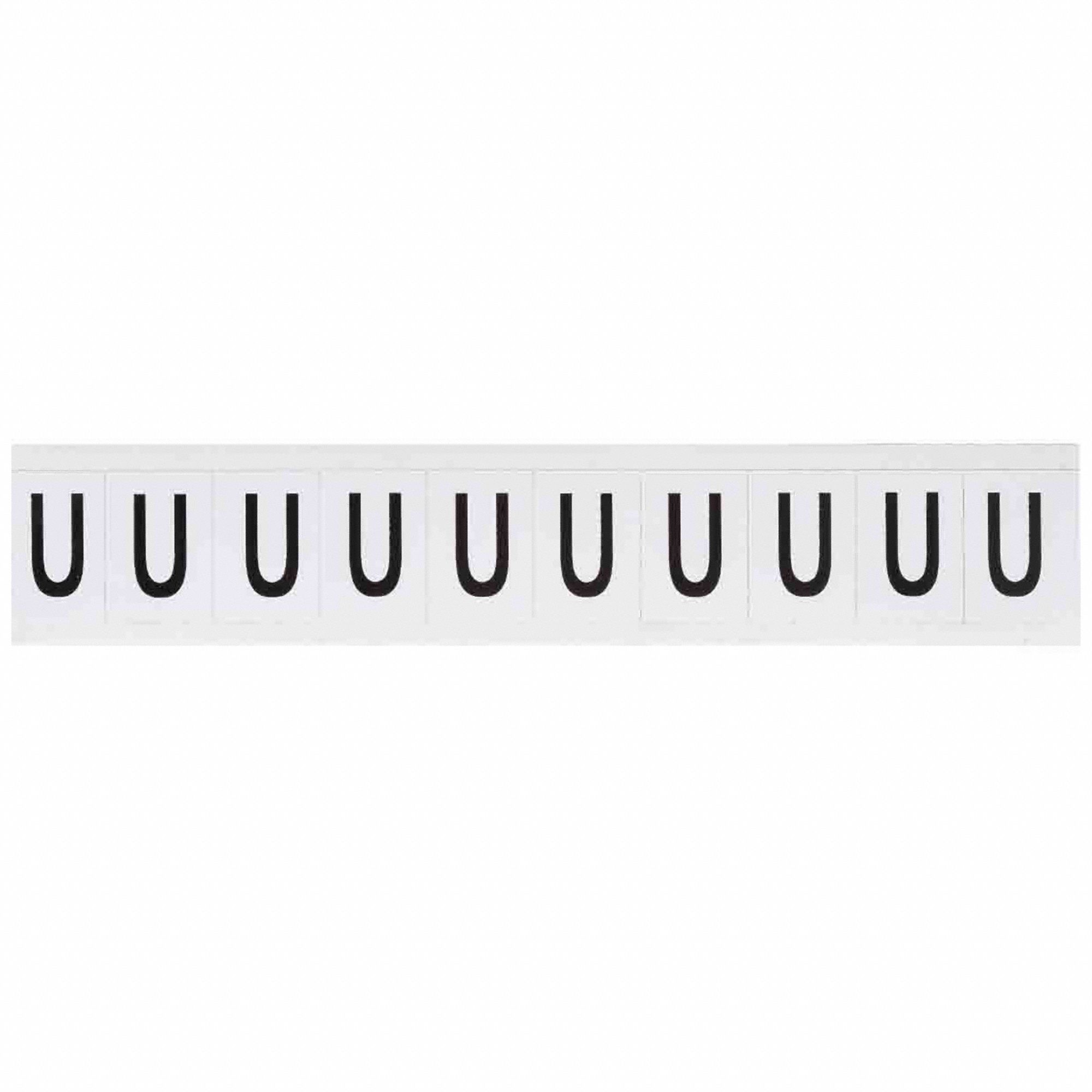 Letter Label: 1 in Character Ht, Indoor/Outdoor, Non-Reflective, Helvetica, Black, U, Die Cut, 10 PK