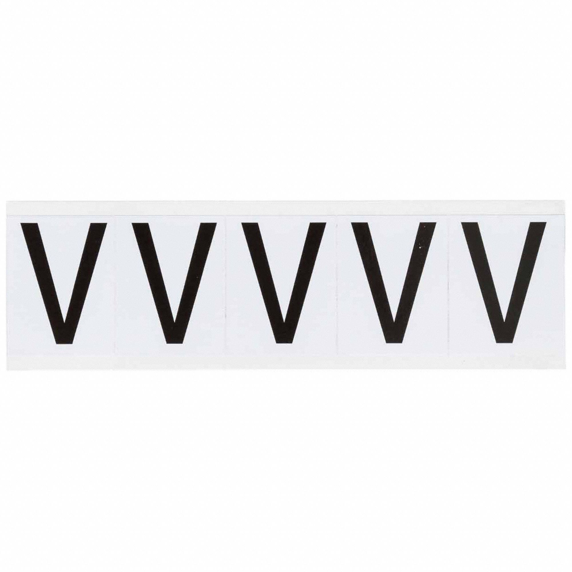 Letter Label: 2 in Character Ht, Indoor/Outdoor, Non-Reflective, Helvetica, Black, V, Die Cut, 5 PK
