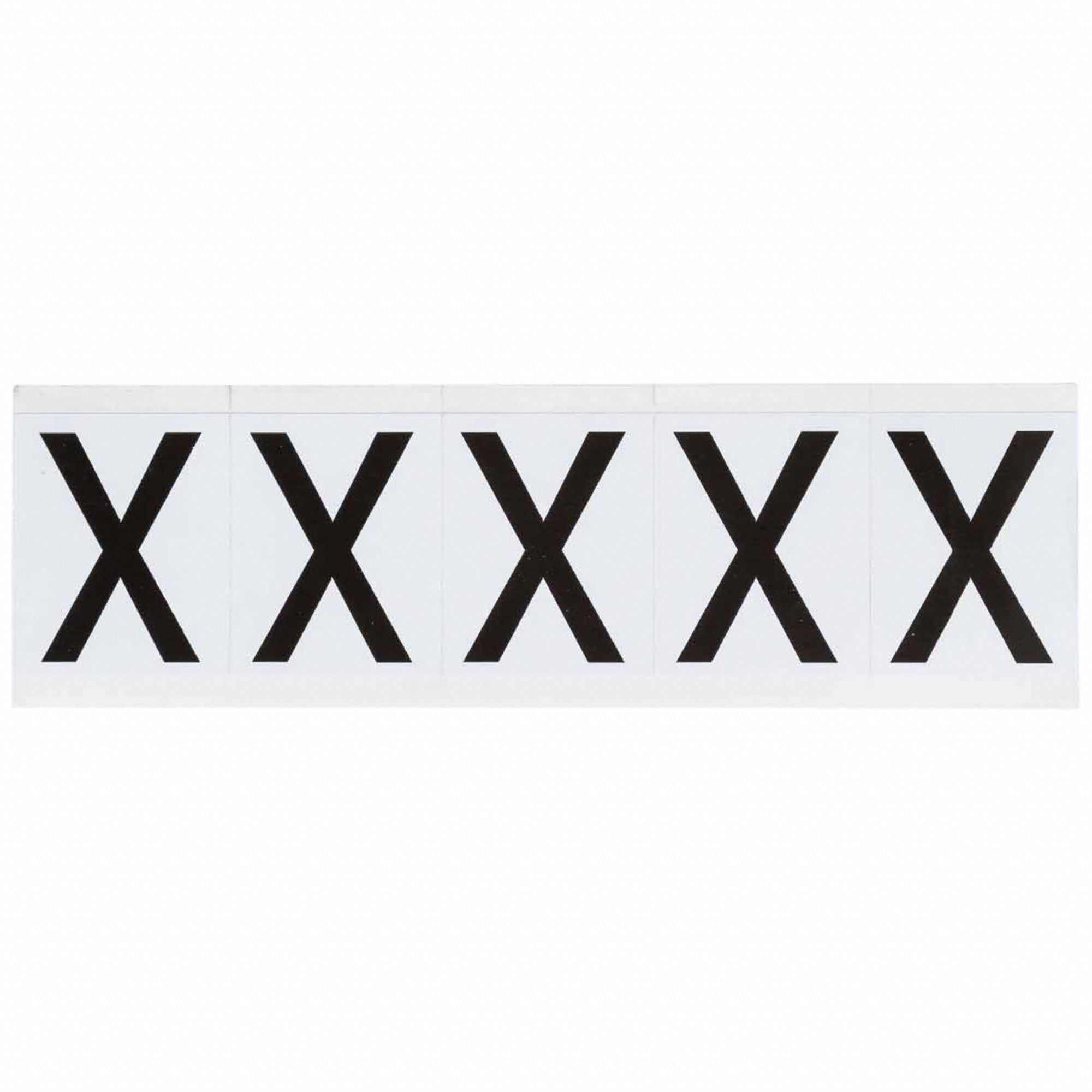 Letter Label: 2 in Character Ht, Indoor/Outdoor, Non-Reflective, Helvetica, Black, X, Die Cut, 5 PK
