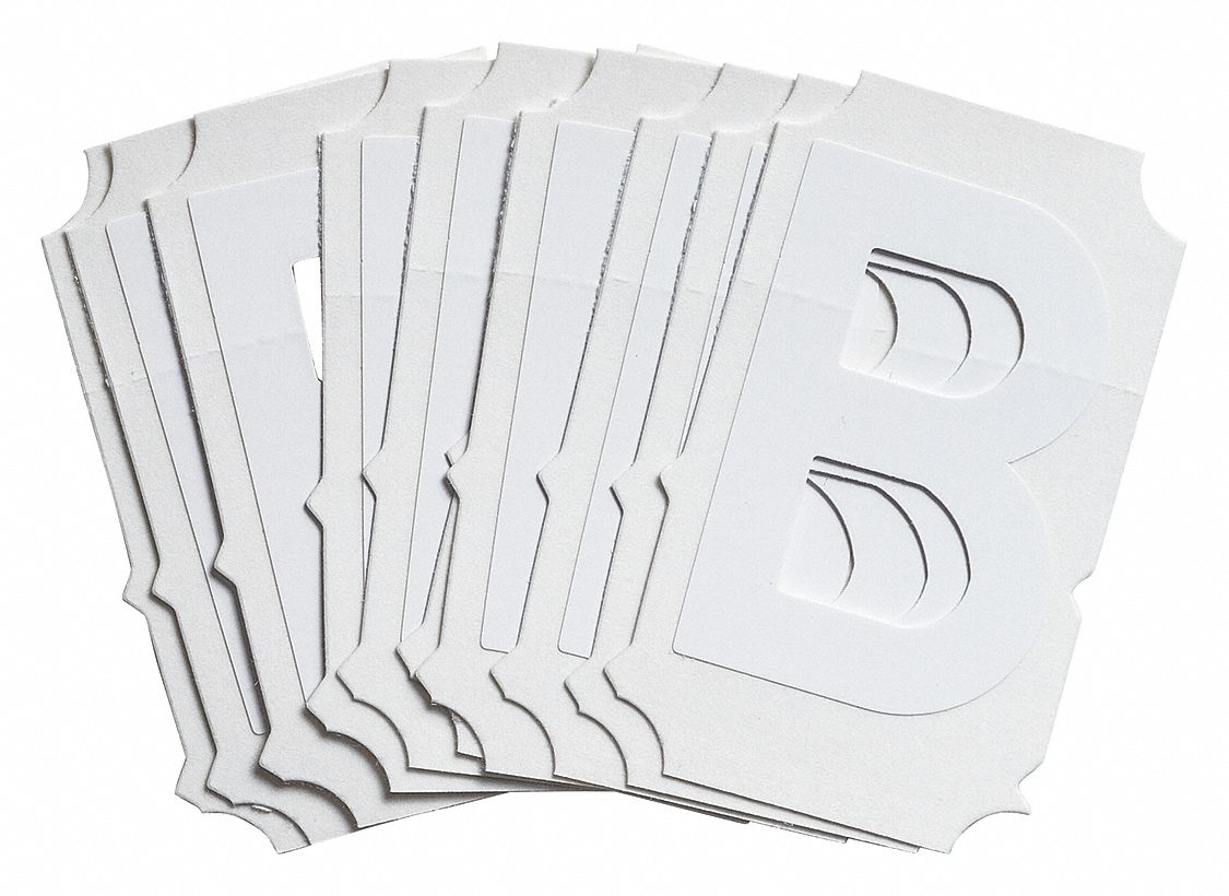 Letter Label: 2 in Character Ht, Indoor/Outdoor, Non-Reflective, Gothic, White, B, Die Cut, 10 PK