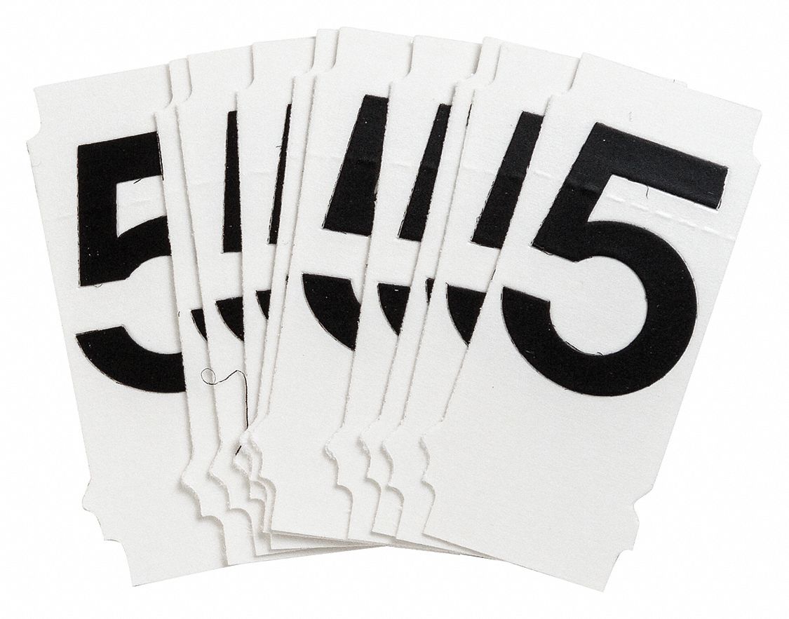 Number Label: 1 in Character Ht, Indoor/Outdoor, Non-Reflective, Helvetica, Black, 5, Die Cut, 10 PK
