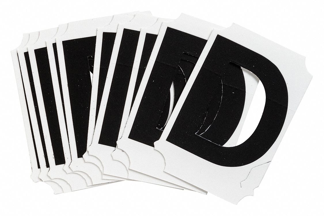 Letter Label: 2 in Character Ht, Indoor/Outdoor, Non-Reflective, Helvetica, Black, D, Die Cut, 10 PK