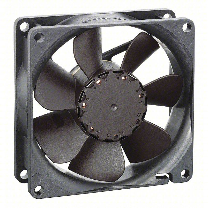 EBM Axial Fan: 270 cfh Airflow @ 0.000 in SP, 5 5/16 in Ht, 1 1/2 in Dp, Plug-In, 115V AC, Aluminum (MPN 5606S). Key specifications — Blade Material: Steel; Includes: Grounding Lug; Brand: EBM.