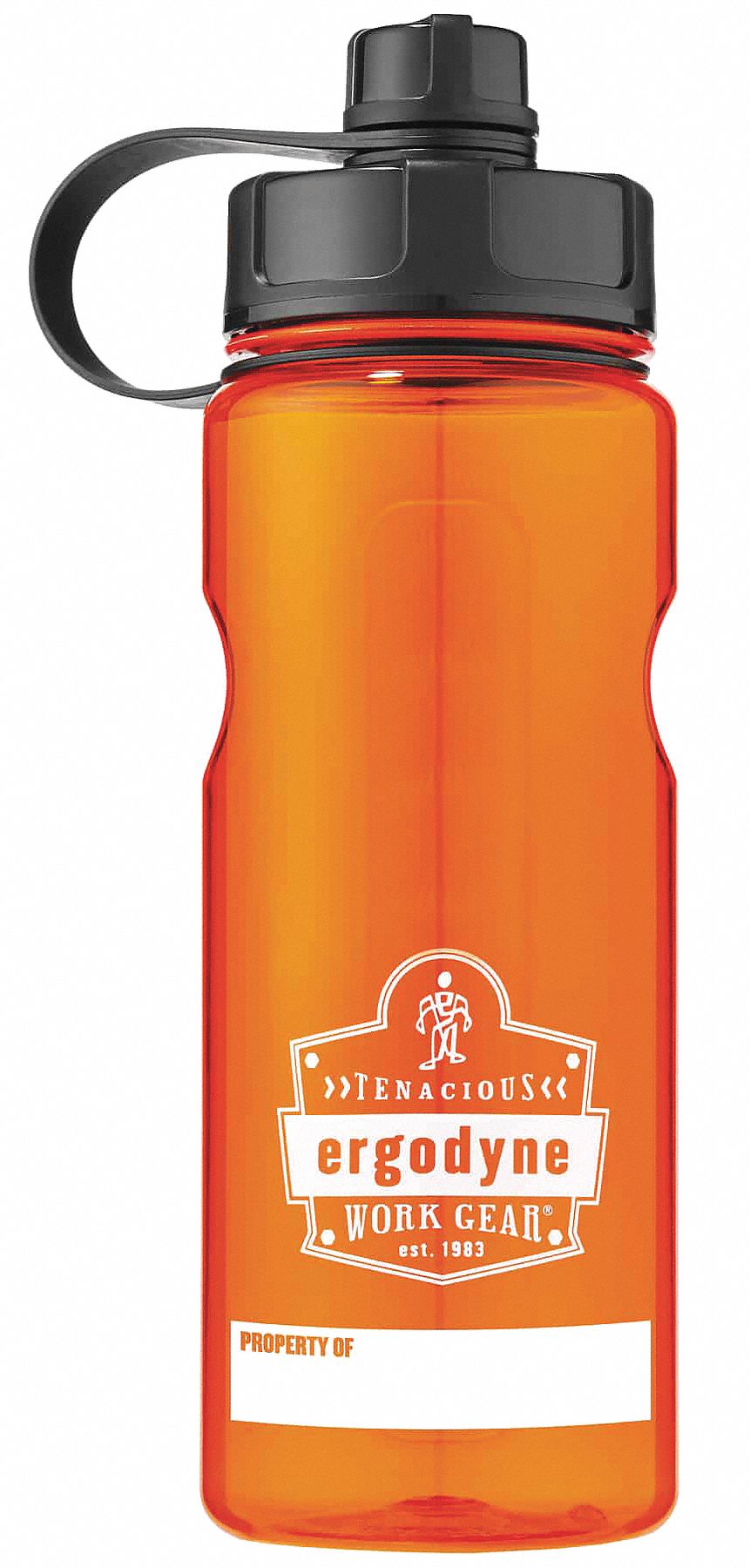 Water Bottle: 34 oz Capacity, Orange, Plastic, BPA-Free, 10 1/4 in Overall Ht