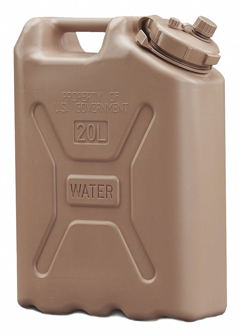 Water Container: 5 gal Capacity, 18 51/64 in Ht, 13 45/64 in Lg, 6 51/64 in Wd, Sand