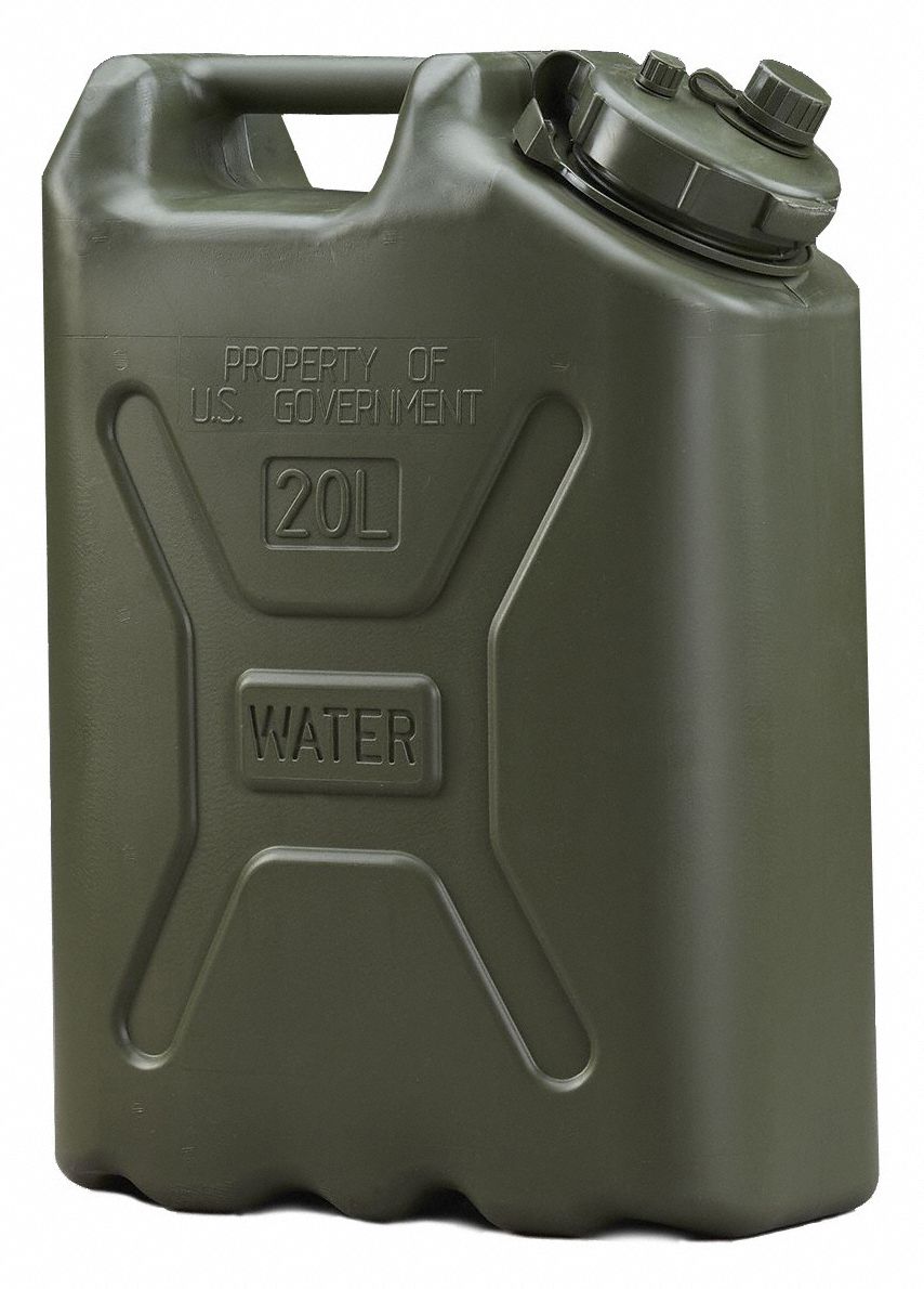 Water Container: Green, 5 gal Capacity, HDPE, 13 3/4 in Overall Lg, 6 3/4 in Overall Wd
