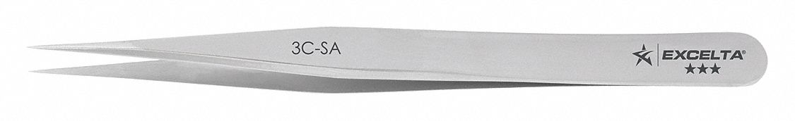 Tweezers: Stainless Steel, Point, Straight Tip, 0.1 mm Tip Thick