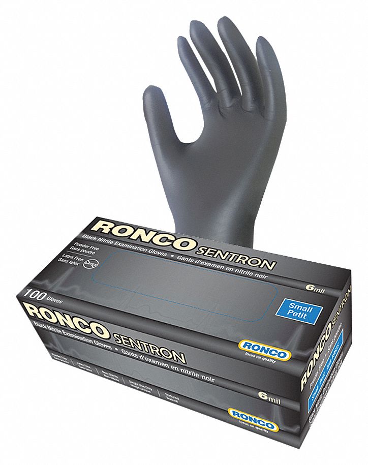 DISPOSABLE GLOVES, 9 1/2 IN L/6 MIL THICK, SIZE 7/S, BLACK, NITRILE, BX 100