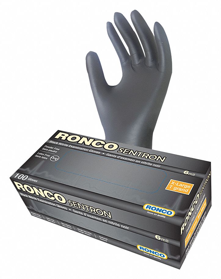 DISPOSABLE GLOVES, 9 1/2 IN L/6 MIL THICK, SIZE 10/XL, BLACK, NITRILE, BX 100