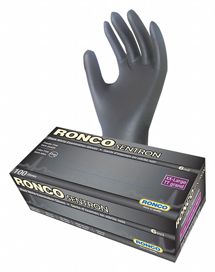 DISPOSABLE GLOVES, 9 1/2 IN L/6 MIL THICK, SIZE 11/2XL, BLACK, NITRILE, BX 90