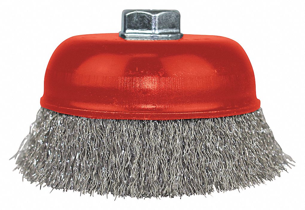 CRIMPED WIRE CUP BRUSH, 12500 RPM, THREADED ARBOR, 2 3/4 IN, 0.014 IN WIRE