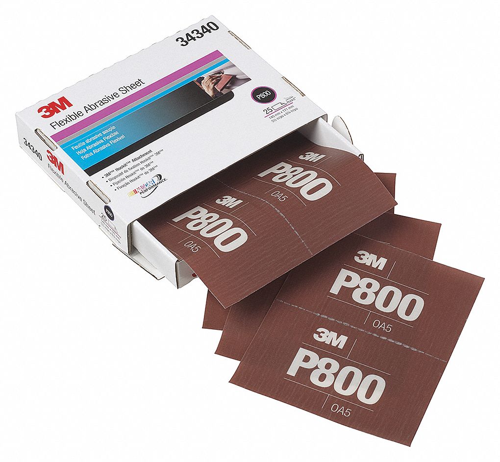 SANDING SHEET, HOOKIT, 800 GRIT, FINE ABR, WET/DRY, BROWN, 7 X 5 1/2 IN, AL OX, FILM