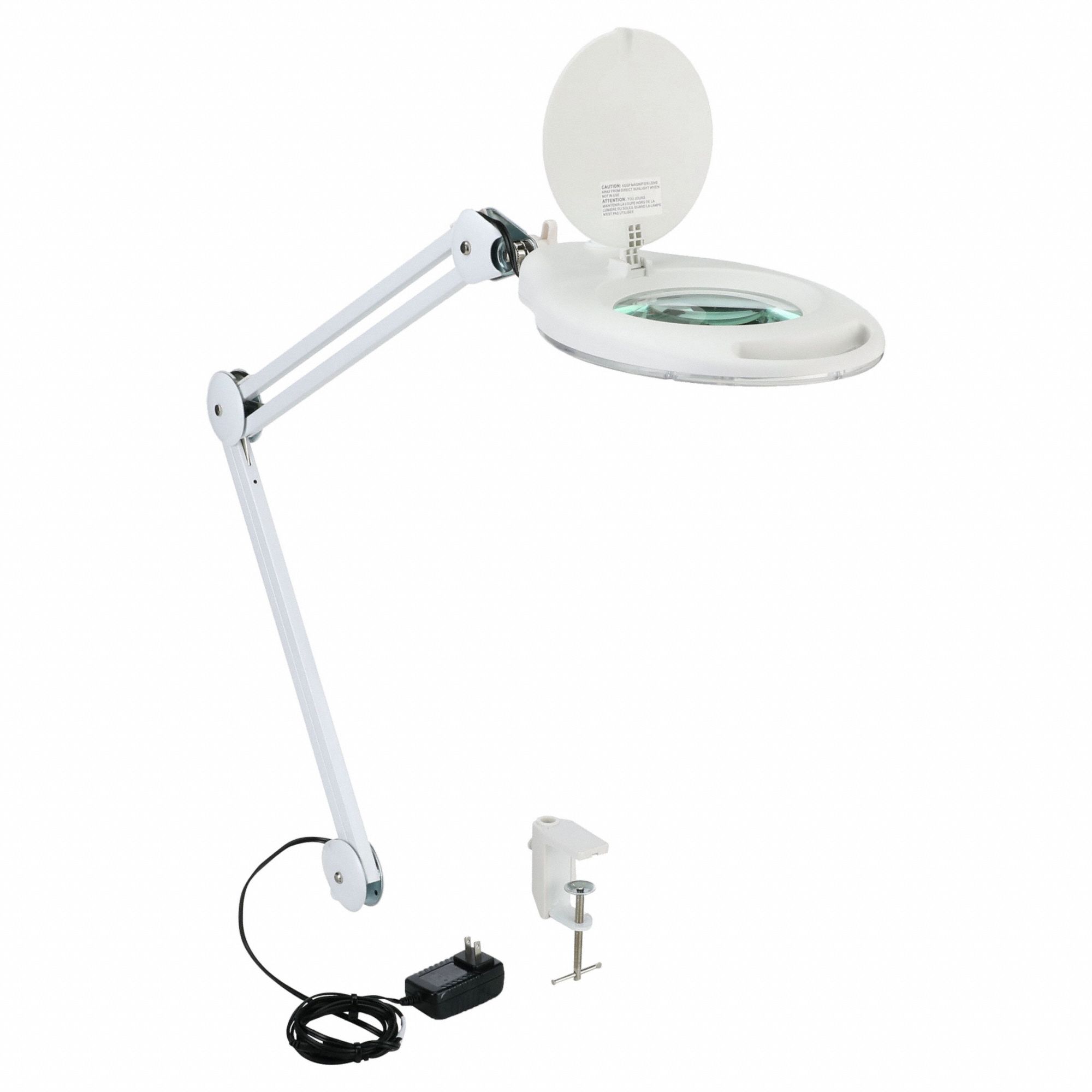 Round Magnifier Light: LED, 2.25x, 5 Diopter, 678 lm Max Brightness, 34 in Arm Reach