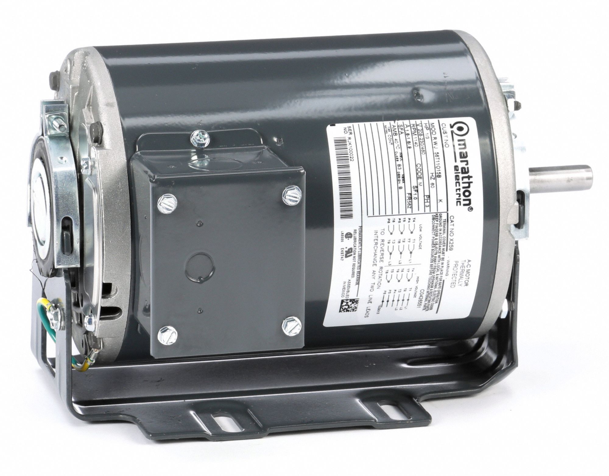 MARATHON MOTORS Direct Drive Blower Motor, 1/3 HP, 3Phase, Nameplate