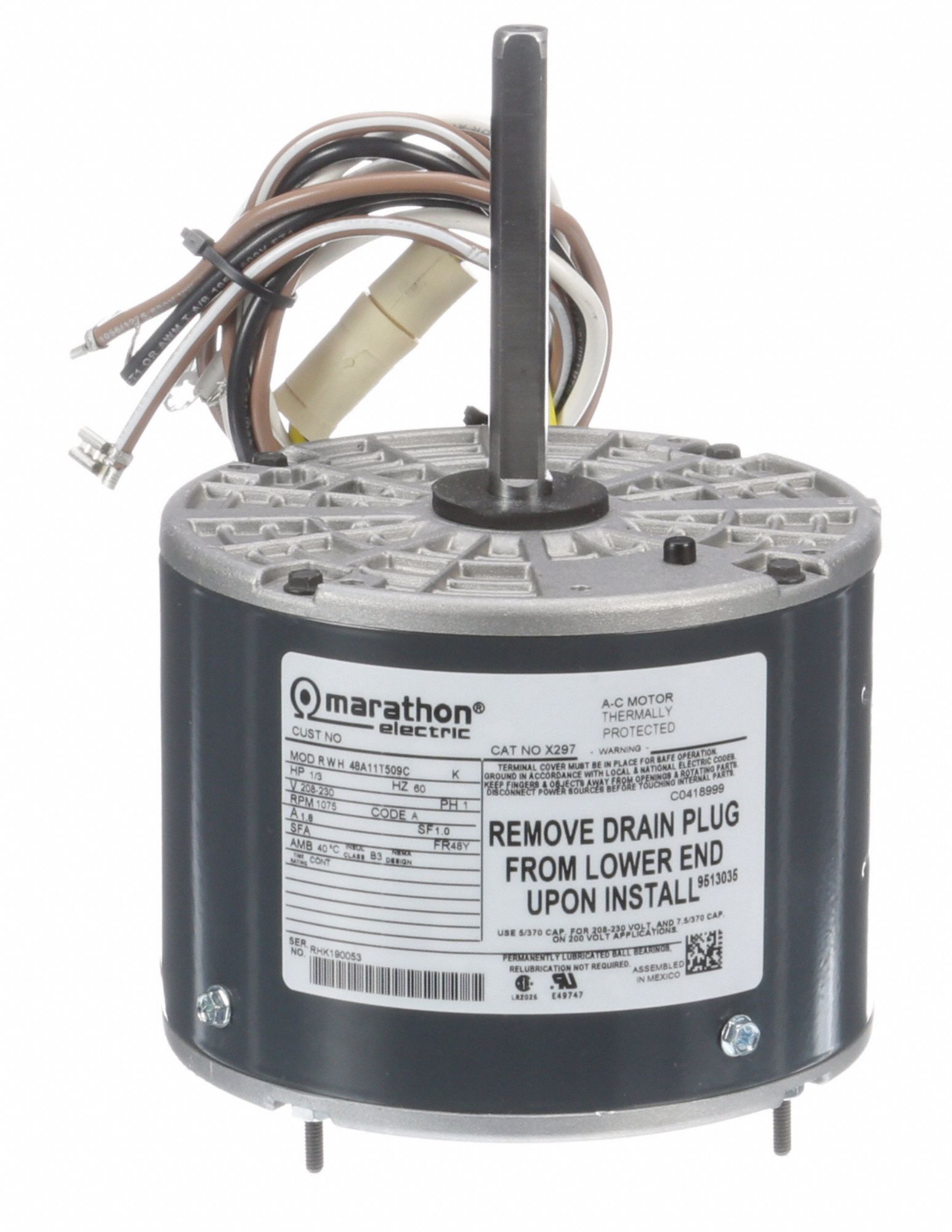 MARATHON MOTORS Condenser Fan Motor, 1/3 HP, Motor Application HVAC/R