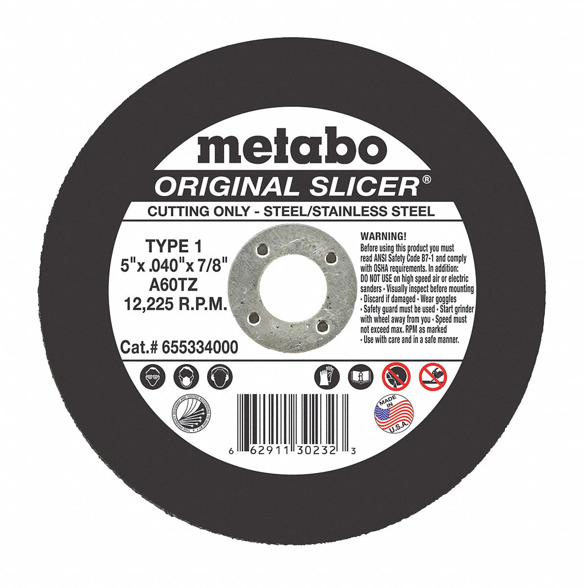 Abrasive Cut-Off Wheel: Type 1, 5" x 0.04" x 7/8", Aluminum Oxide, 60 Grit, A60TZ