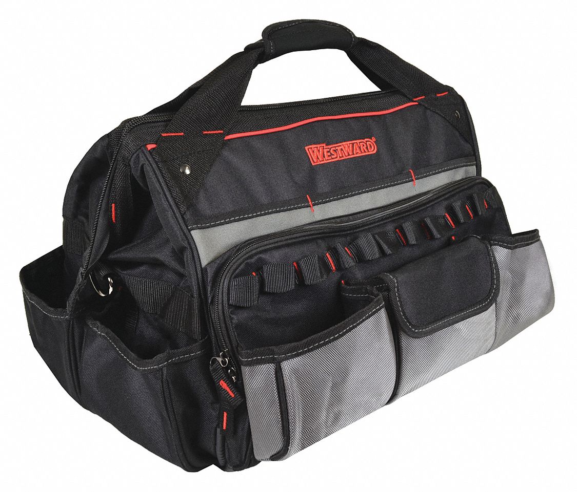 Tool Bag: Polyester, 22 Pockets, 18 in Overall Wd, 12 1/2 in Overall Dp,  Black