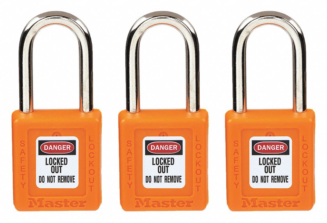 Lockout Padlock: Keyed Alike, Thermoplastic, Std Body Body Size, Steel, Std, Orange