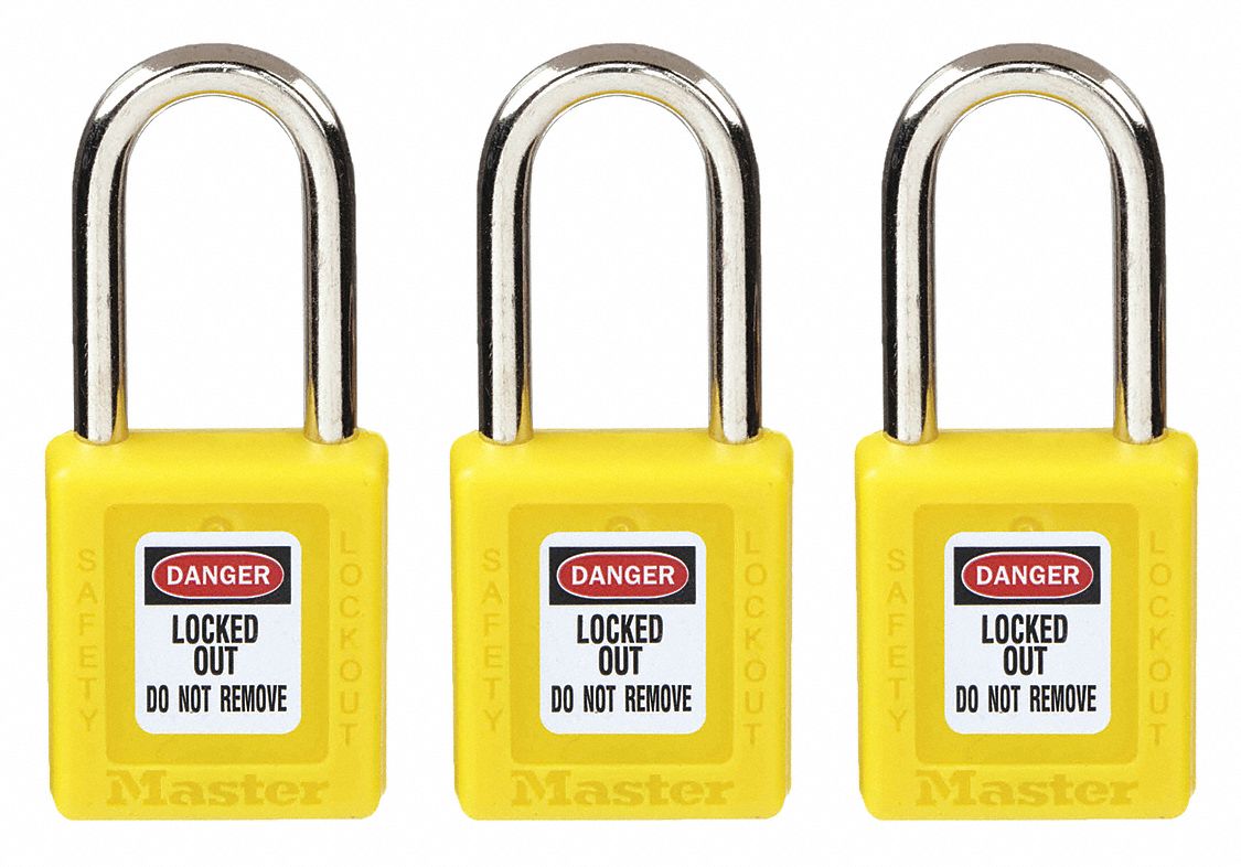 LOCKOUT PADLOCK, KEYED ALIKE, THERMOPLASTIC, STANDARD BODY, STEEL, YELLOW