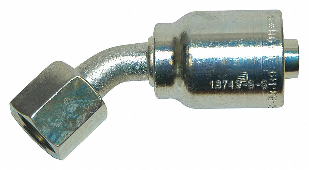 HYDRAULIC HOSE FITTING, BARB, SER 77U, CRIMP, 45 °  SHORT DROP ELBOW, FEMALE, SWIVEL, 5/8 IN, ST