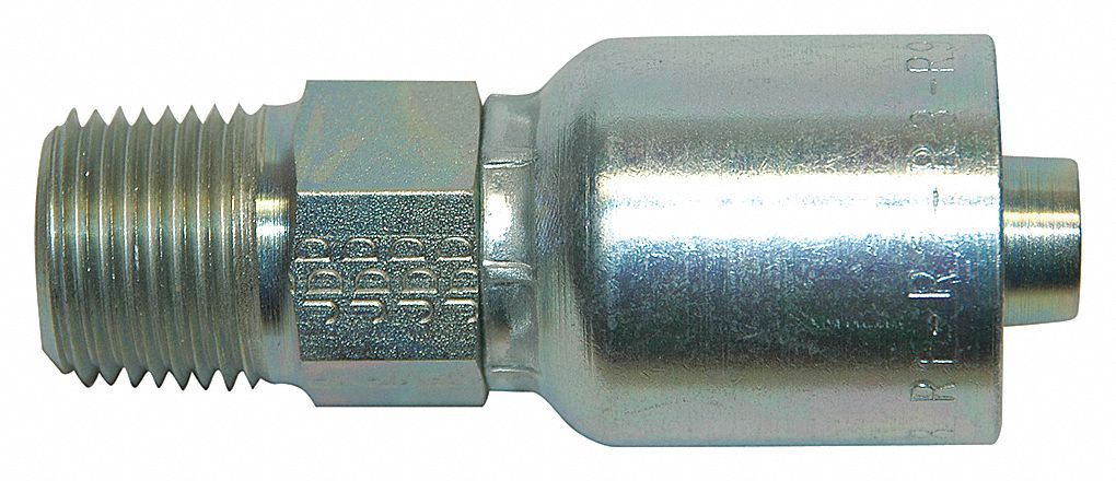 HYDRAULIC HOSE FITTING, BARBED, S77E, CRIMPED, STRAIGHT, MALE, HI PRESSURE, 3/4 IN, STEEL