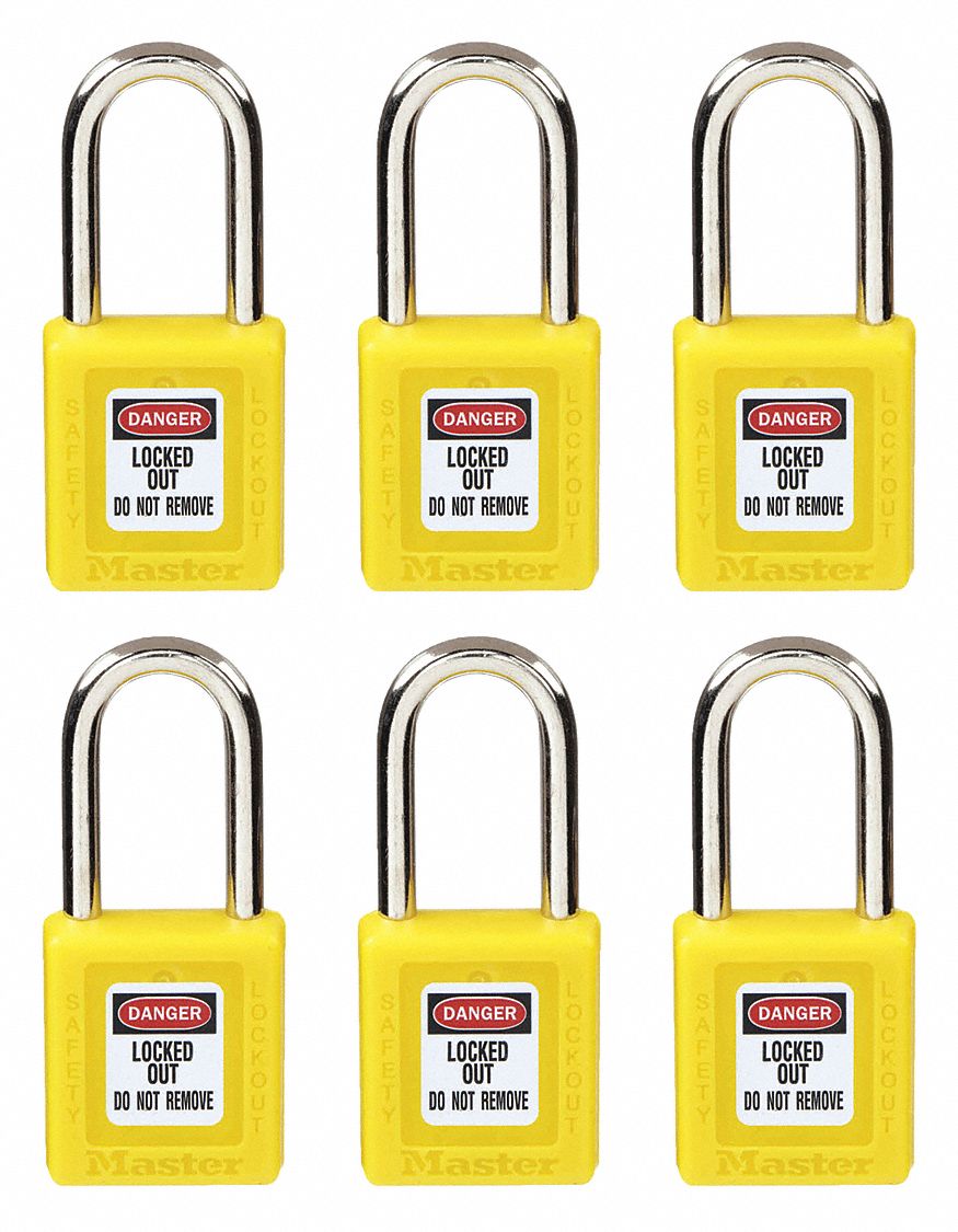 LOCKOUT PADLOCK, KEYED ALIKE, THERMOPLASTIC, STANDARD BODY, STEEL, YELLOW, 6 PK