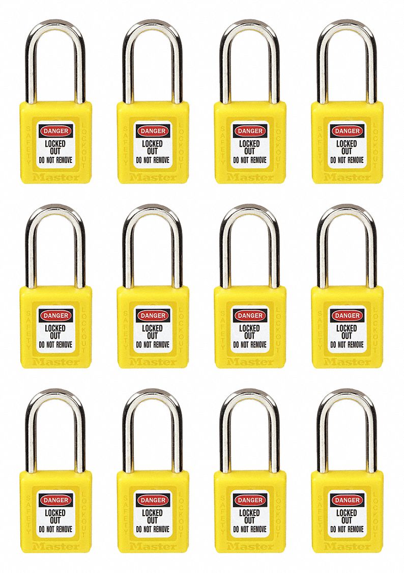 Lockout Padlock: Keyed Alike, Thermoplastic, Std Body Body Size, Steel, Std, Yellow, 3