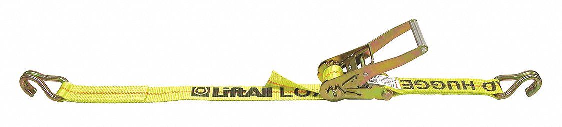 Tie Down Strap: Ratchet, Wire-Hook, Gen Purpose, 2 in Wd, 1, 600 lb WLL, Yellow, 15 ft Lg