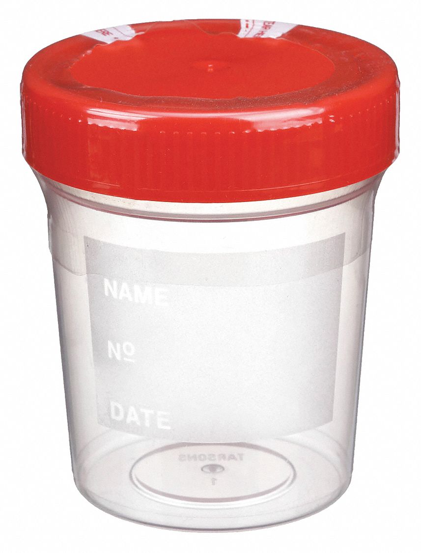 Specimen Container: 3.4 fl oz Capacity - oz, 100 mL Capacity - mL, Non-Sterile, Red