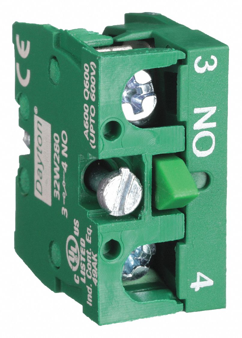 DAYTON Contact Block: 22 mm Size, Operator, 1NO, 10A @ 600V AC/DC, Momentary