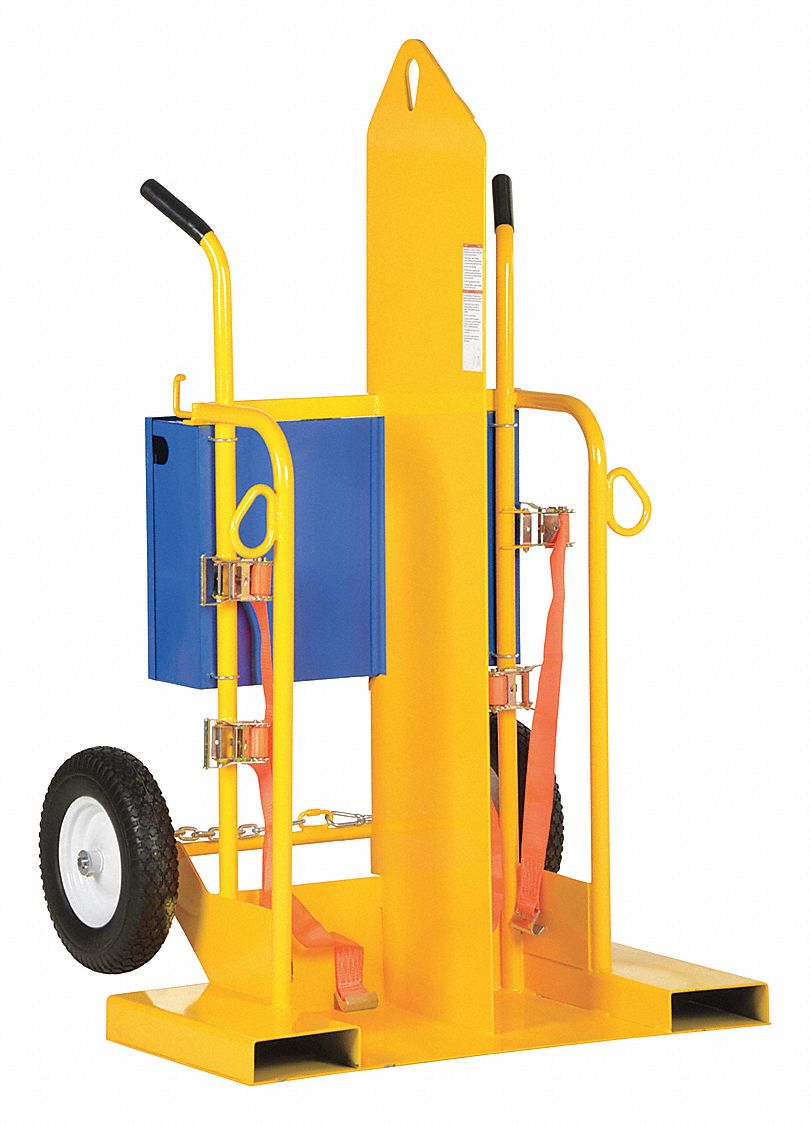 CYLINDER HAND TRUCK, YELLOW, 34⅜ X 40¼ X 66⅜ IN, 500 LB LOAD CAPACITY, DOUBLE HANDLE, FOR USE WITH CYLINDER