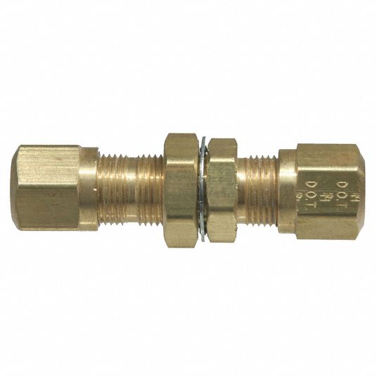 Bulkhead Union: Brass, For 3/8 in x 3/8 in Tube OD, Compression x  Compression, 1/4-18 Threading Size