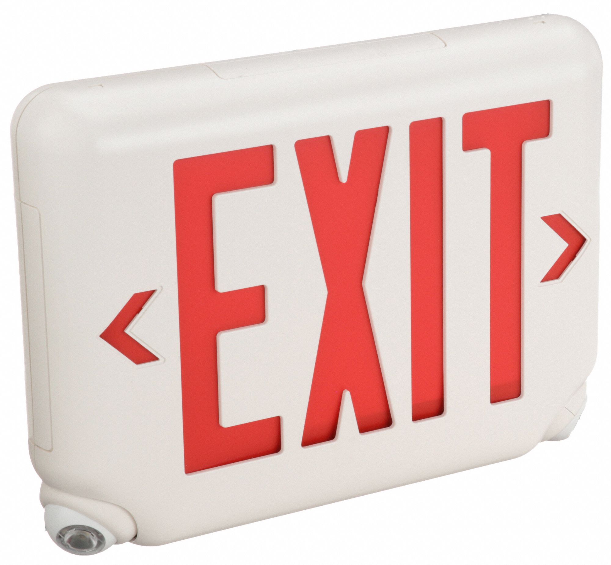 Exit Sign with Emergency Lights: White, 1 or 2 Faces, Red, LED, Ceiling/Wall, Lithium Iron Phosphate