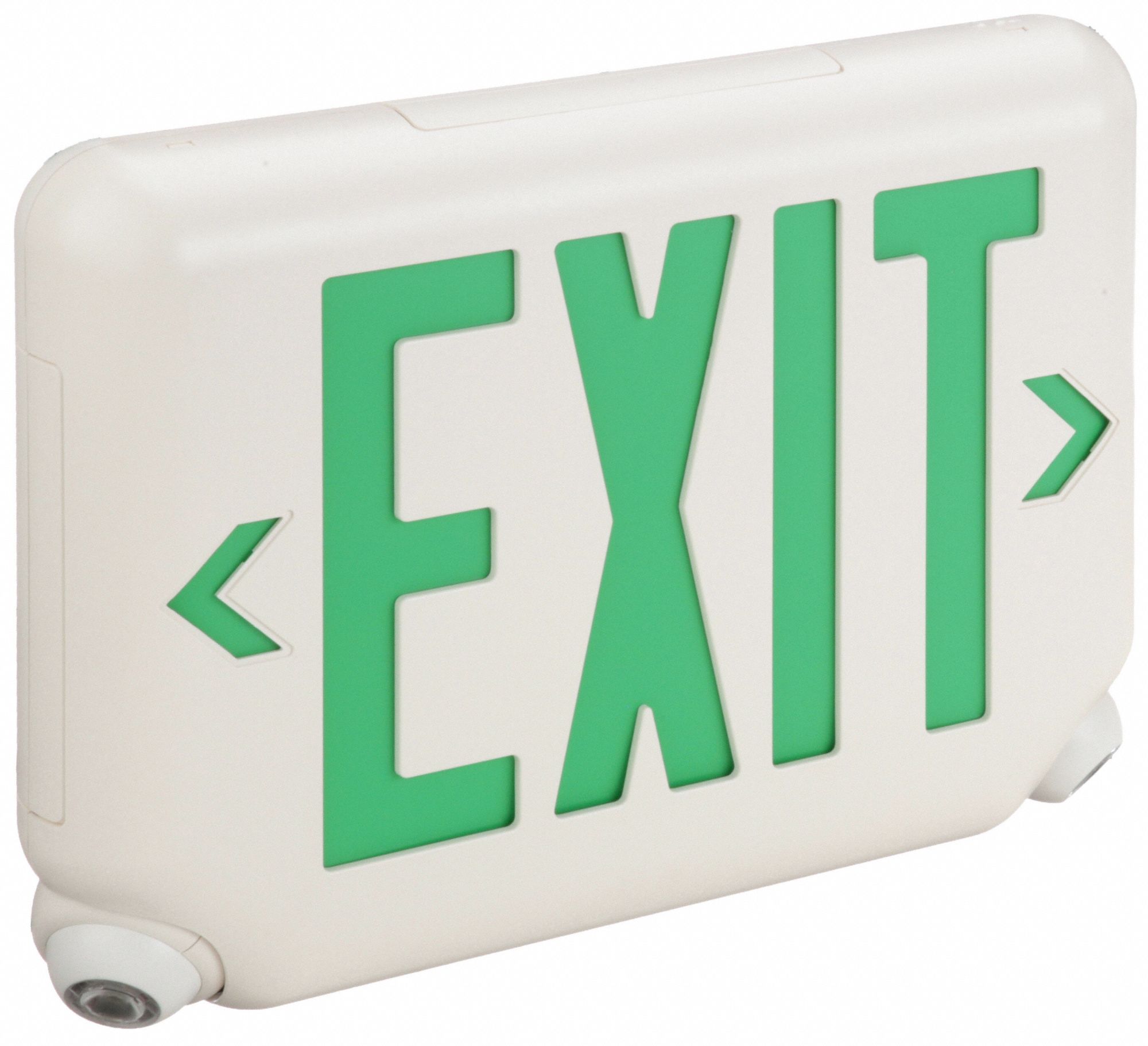 Exit Sign with Emergency Lights: White, 1 or 2 Faces, Green, LED, Ceiling/Wall, Self Diagnostics