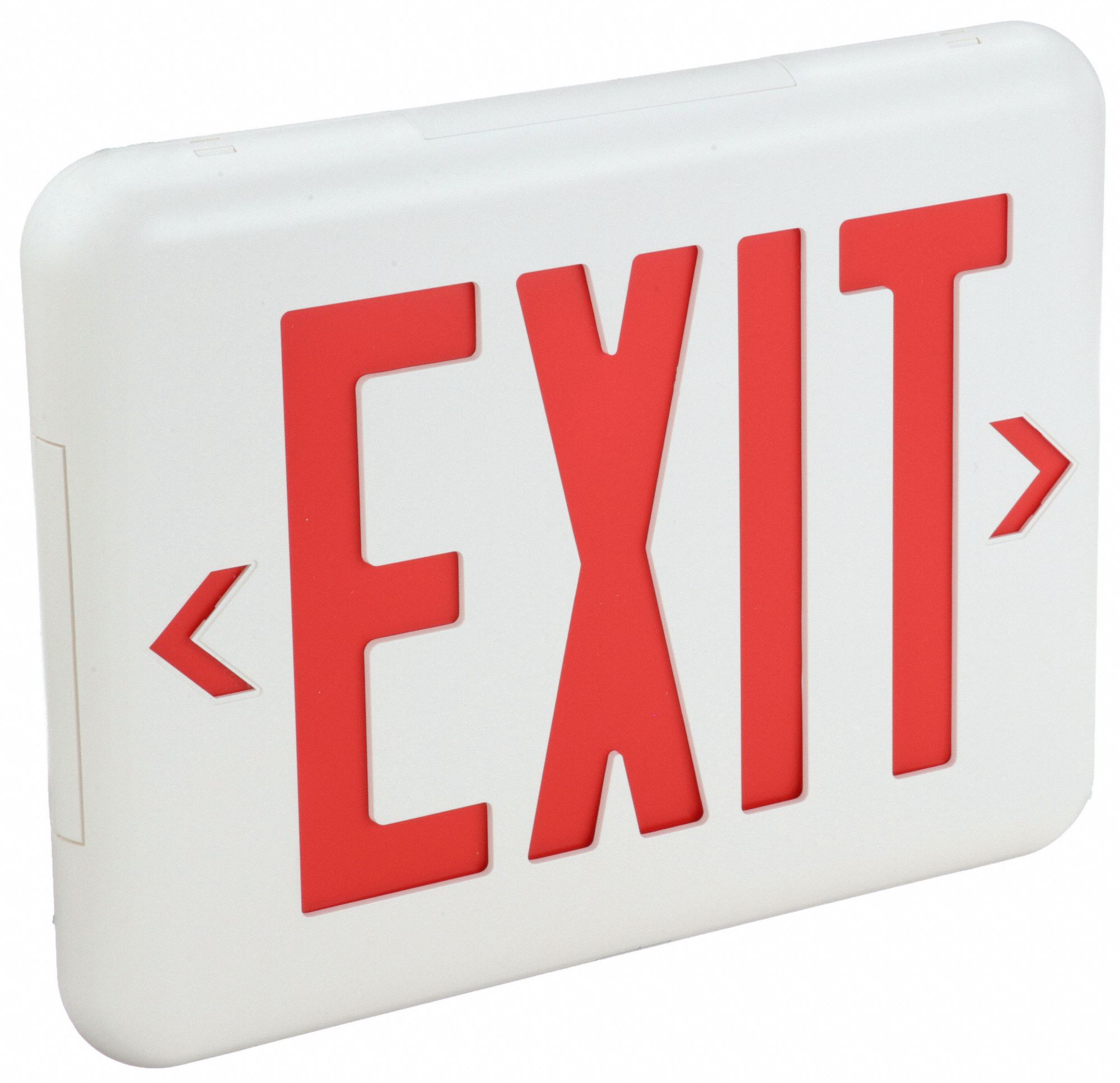 Exit Sign: Emergency Battery Backup, LED, White, Red, 1 or 2 Faces, Ceiling/End/Wall, 120/277 V AC