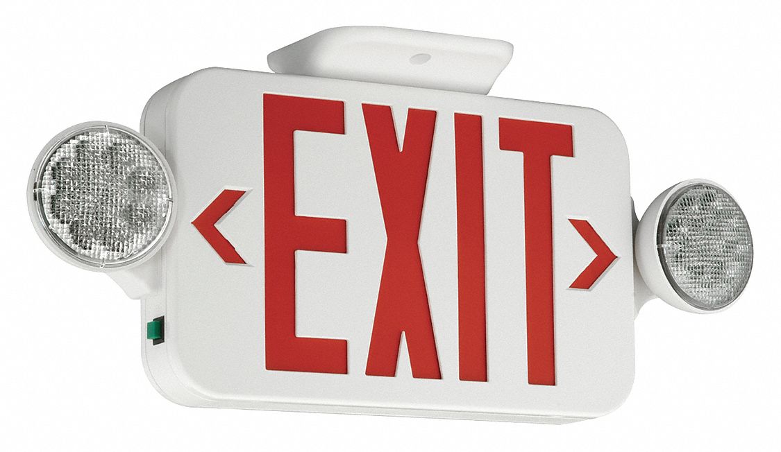 Exit Sign with Emergency Lights: White, 1 or 2 Faces, Red, LED, Wall/Ceiling, Nickel Cadmium