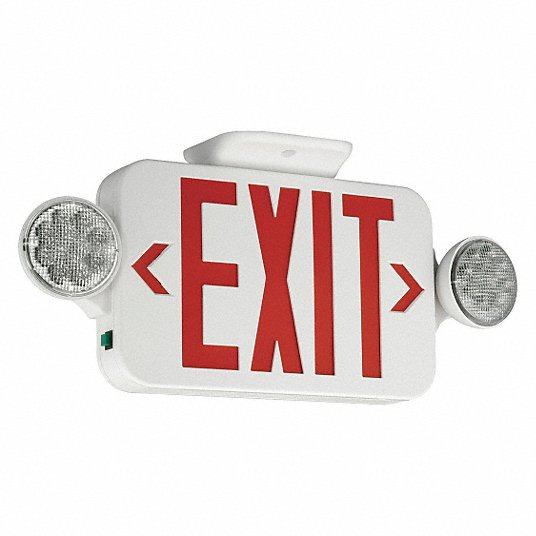 Exit Sign with Emergency Lights: White, 1 or 2 Faces, Red, LED, Wall/Ceiling, Nickel Cadmium