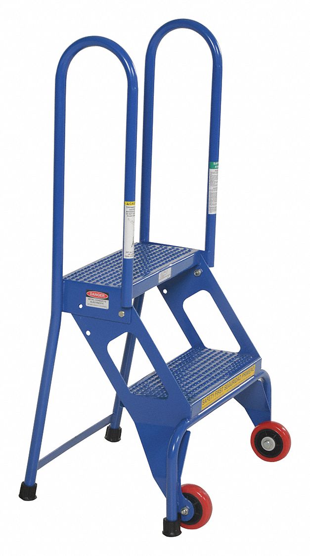 FOLDING LADDER, 2 STEP, WHEELS, NO LOCKING MECHANISM/HANDRAILS, STEEL