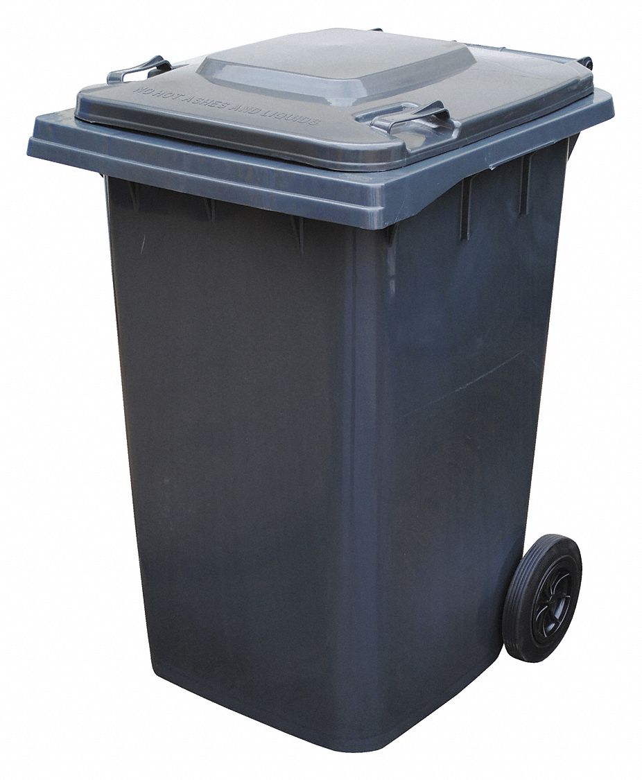 Trash Can: 95 gal Capacity, 2 Wheels, 28 1/4 in Overall Wd, 33 1/2 in Overall Dp, Gray