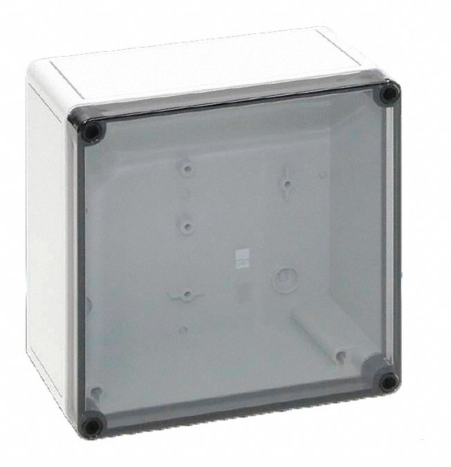 Enclosure: Fiberglass Reinforced Polycarbonate, 7 in x 7 in x 4 in, NEMA 4X, Clear Cover