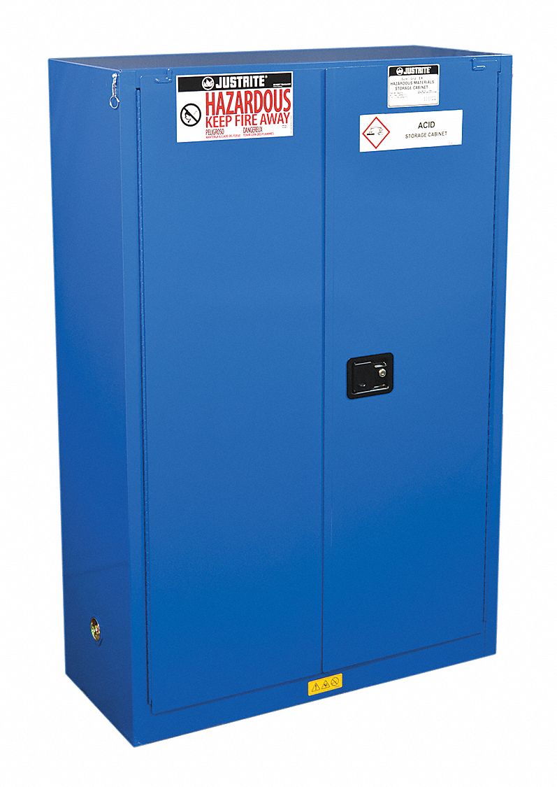 HAZMAT SAFETY CABINET, 45 GAL, 43X18X65 IN, BLUE, SELF-CLOSING, 2 SHELVES, DOUBLE HINGED