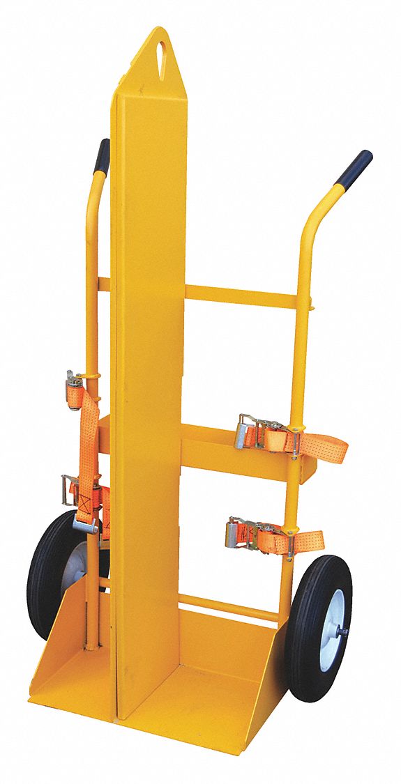 CYLINDER HAND TRUCK, YELLOW, 500 LB LOAD CAPACITY, DOUBLE HANDLE, FOR USE WITH CYLINDER